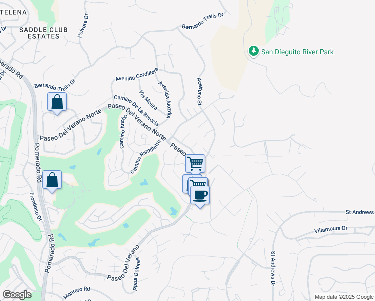 map of restaurants, bars, coffee shops, grocery stores, and more near 13025 Avenida Marbella in San Diego