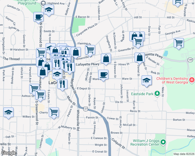 map of restaurants, bars, coffee shops, grocery stores, and more near 106 Baugh Street in LaGrange
