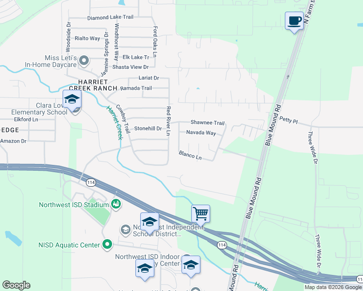 map of restaurants, bars, coffee shops, grocery stores, and more near 16112 Blanco Lane in Justin