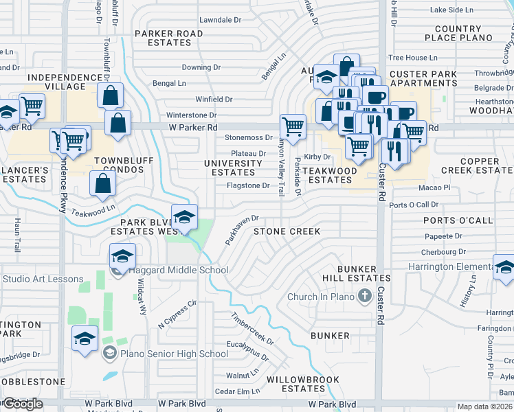 map of restaurants, bars, coffee shops, grocery stores, and more near 2417 Teakwood Lane in Plano
