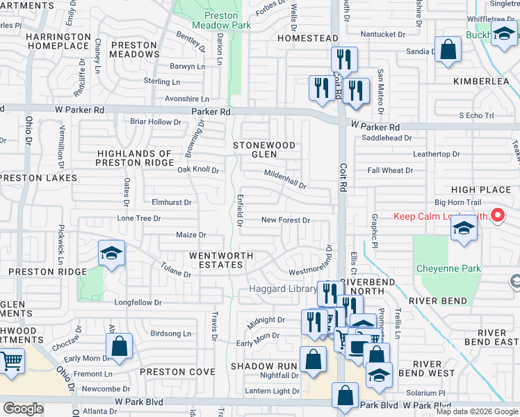 map of restaurants, bars, coffee shops, grocery stores, and more near 4205 Warminster Drive in Plano