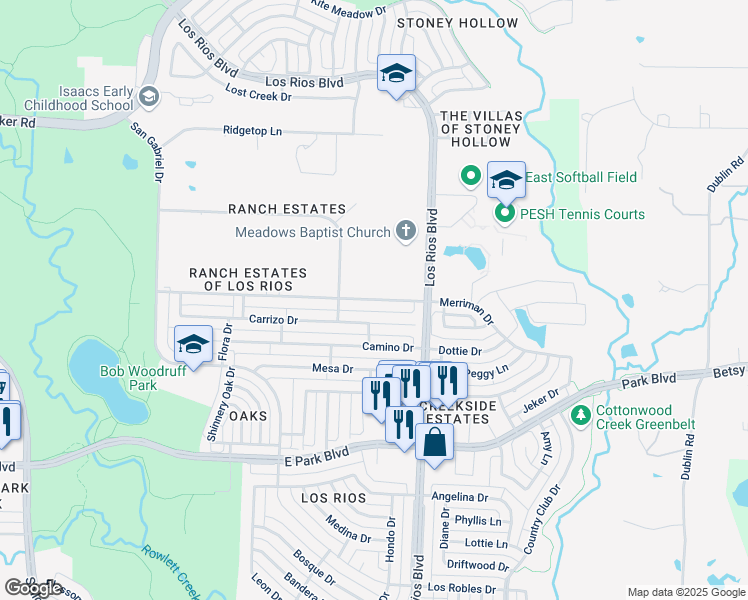 map of restaurants, bars, coffee shops, grocery stores, and more near Merriman Drive in Plano