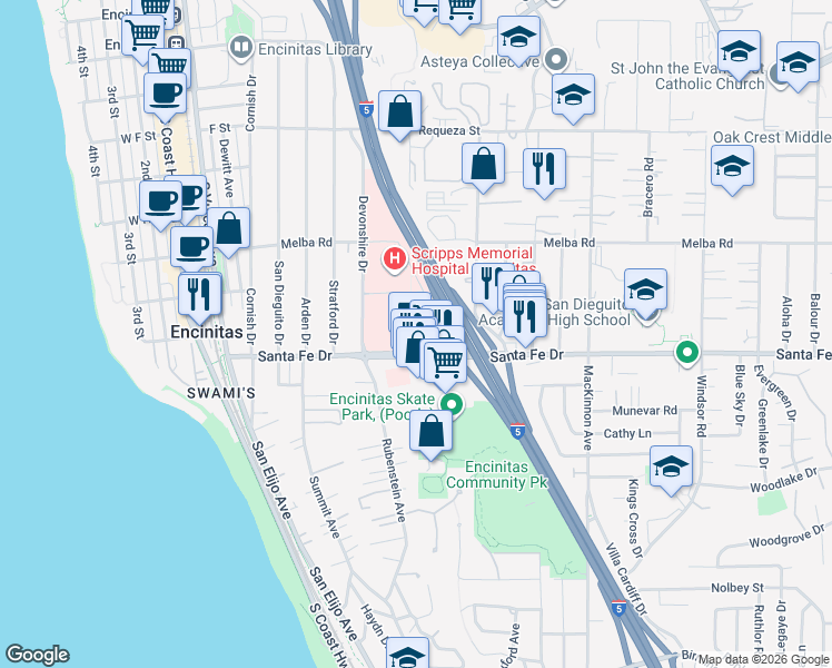 map of restaurants, bars, coffee shops, grocery stores, and more near 354 Santa Fe Drive in Encinitas