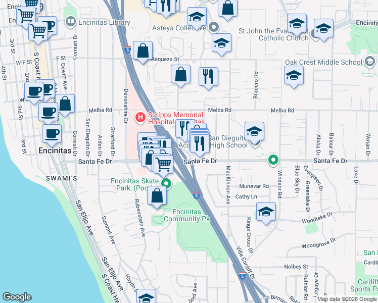 map of restaurants, bars, coffee shops, grocery stores, and more near 1133 Golden Road in Encinitas
