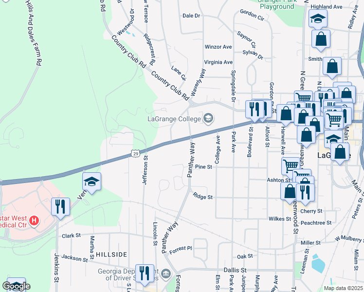 map of restaurants, bars, coffee shops, grocery stores, and more near 1005 Vernon Street in LaGrange