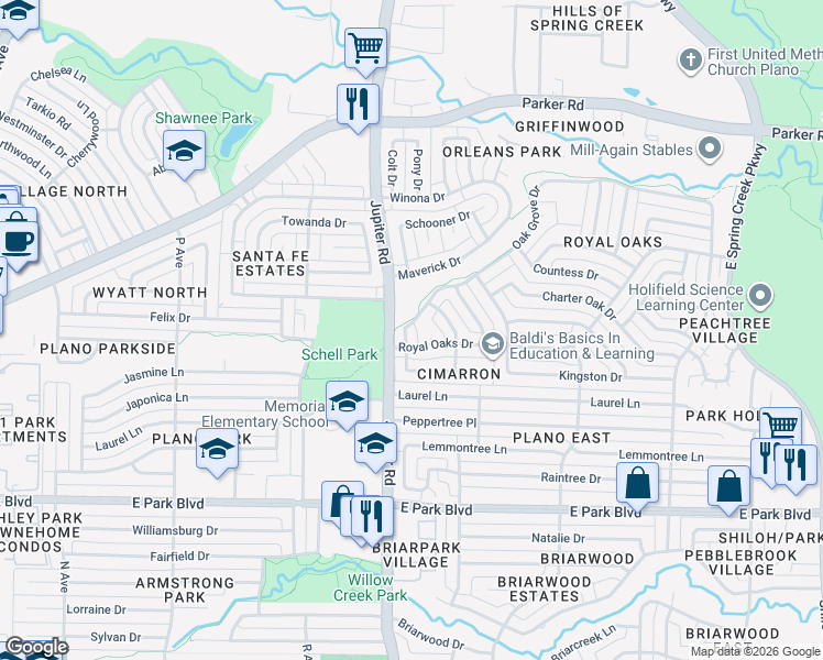 map of restaurants, bars, coffee shops, grocery stores, and more near 2412 Oak Grove Drive in Plano