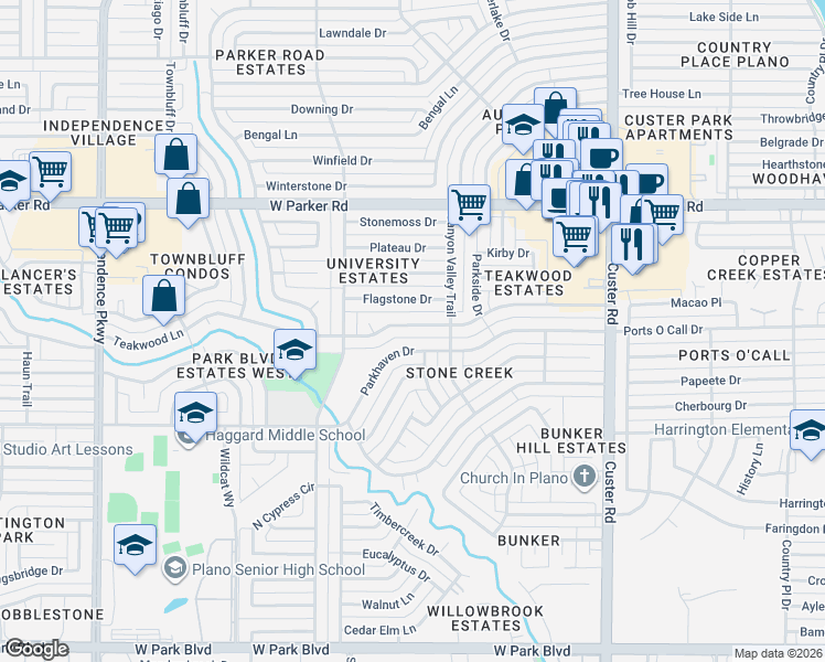 map of restaurants, bars, coffee shops, grocery stores, and more near 2417 Teakwood Lane in Plano