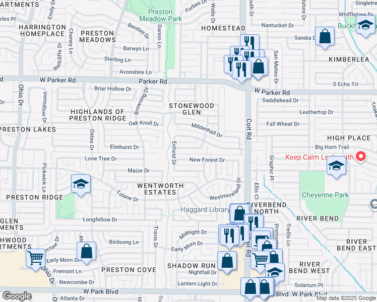 map of restaurants, bars, coffee shops, grocery stores, and more near 4205 Warminster Drive in Plano