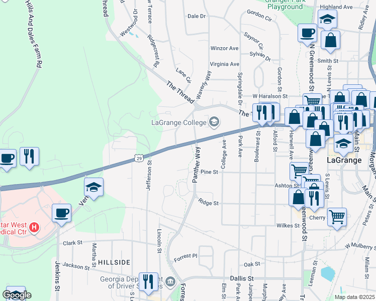 map of restaurants, bars, coffee shops, grocery stores, and more near 1005 Vernon Street in LaGrange