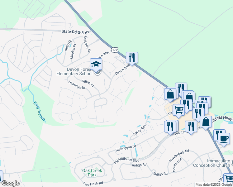 map of restaurants, bars, coffee shops, grocery stores, and more near 211 Ivybridge Court in Goose Creek