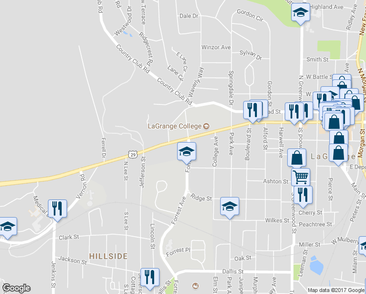 map of restaurants, bars, coffee shops, grocery stores, and more near 1005 Vernon Street in LaGrange