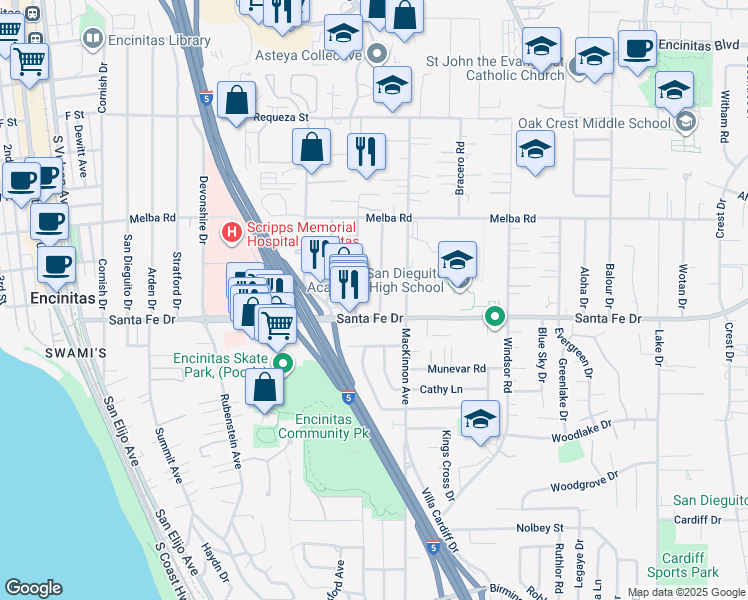 map of restaurants, bars, coffee shops, grocery stores, and more near 1168 Arcadia Road in Encinitas