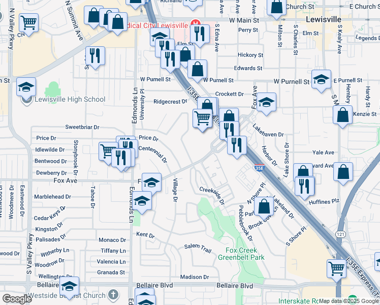 map of restaurants, bars, coffee shops, grocery stores, and more near 127 Ridgeway Circle in Lewisville