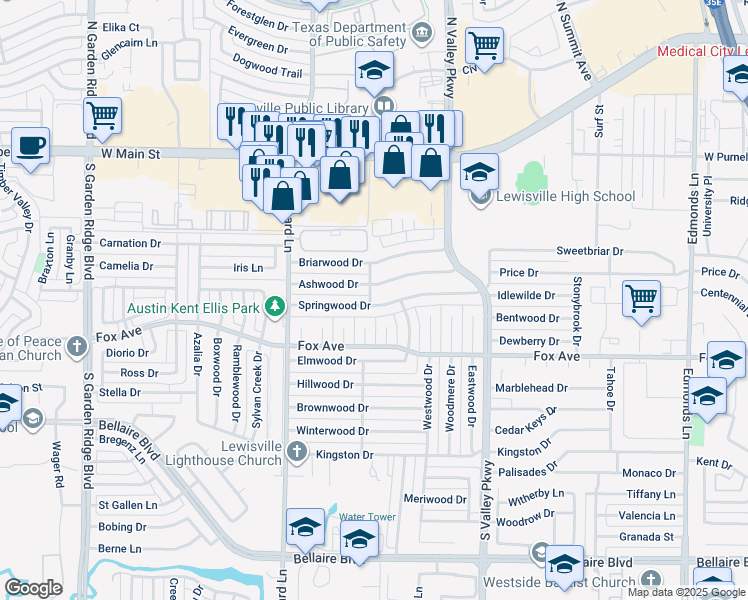 map of restaurants, bars, coffee shops, grocery stores, and more near 1025 Springwood Drive in Lewisville