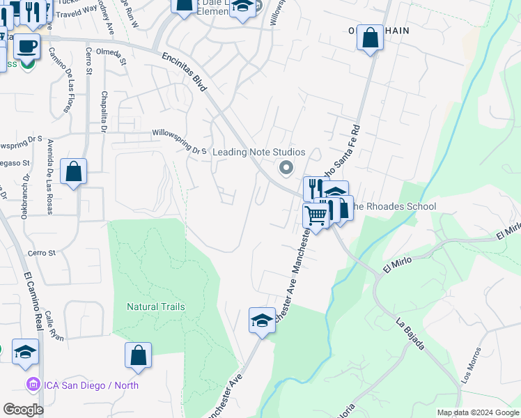 map of restaurants, bars, coffee shops, grocery stores, and more near 136 Hummingbird Hill in Encinitas