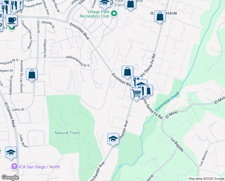 map of restaurants, bars, coffee shops, grocery stores, and more near 136 Hummingbird Hill in Encinitas