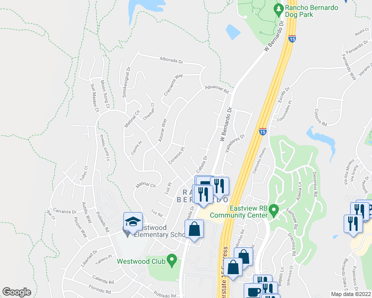 map of restaurants, bars, coffee shops, grocery stores, and more near 17777 Corazon Place in San Diego