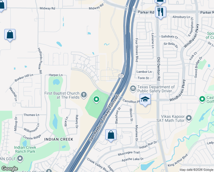 map of restaurants, bars, coffee shops, grocery stores, and more near 1401 Carrollton Parkway in Carrollton