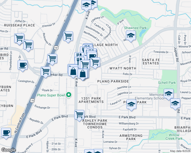 map of restaurants, bars, coffee shops, grocery stores, and more near 1200 East Parker Road in Plano