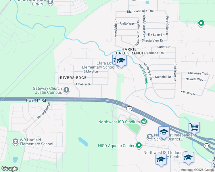map of restaurants, bars, coffee shops, grocery stores, and more near 1456 Amazon Drive in Justin