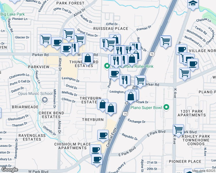 map of restaurants, bars, coffee shops, grocery stores, and more near 740 Lexington Drive in Plano