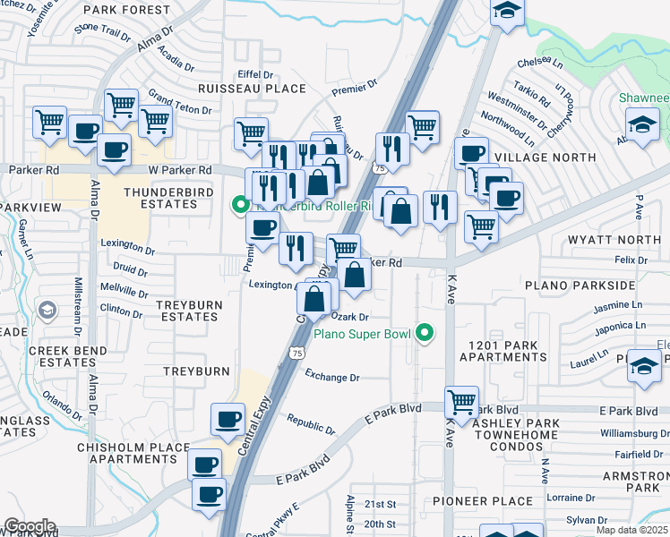 map of restaurants, bars, coffee shops, grocery stores, and more near Sam Johnson Highway in Plano