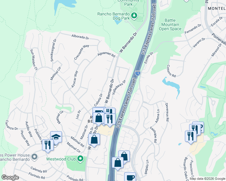 map of restaurants, bars, coffee shops, grocery stores, and more near 17951 Valladares Drive in San Diego