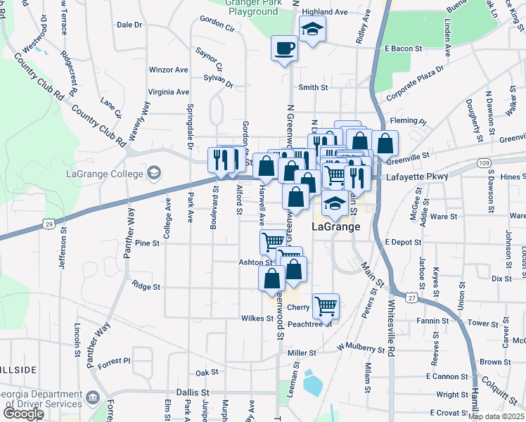 map of restaurants, bars, coffee shops, grocery stores, and more near 107 Harwell Avenue in LaGrange