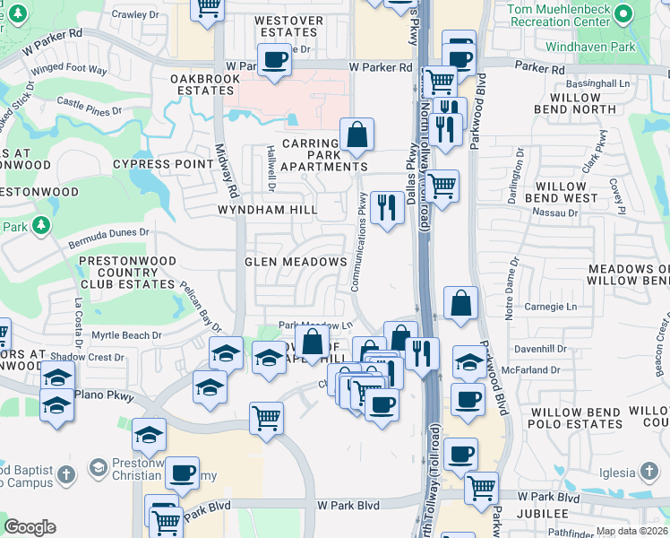map of restaurants, bars, coffee shops, grocery stores, and more near 2640 Shadow Hill Lane in Plano