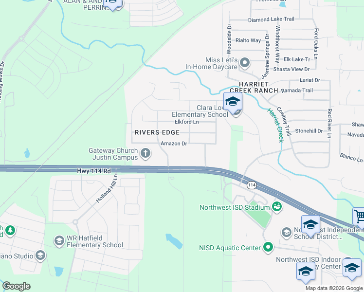 map of restaurants, bars, coffee shops, grocery stores, and more near 1344 Amazon Drive in Justin