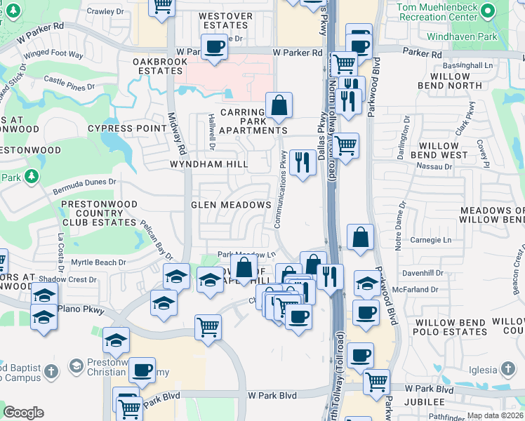 map of restaurants, bars, coffee shops, grocery stores, and more near 2640 Shadow Hill Lane in Plano