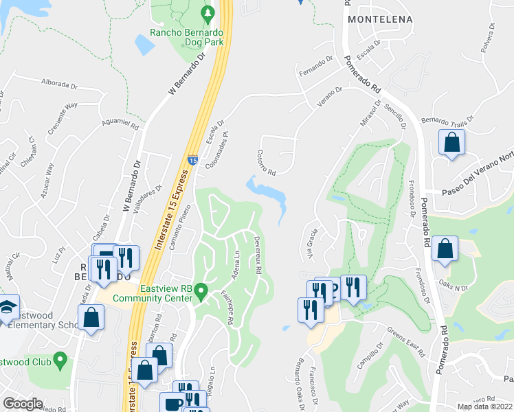 map of restaurants, bars, coffee shops, grocery stores, and more near 17795 Rosedown Place in San Diego