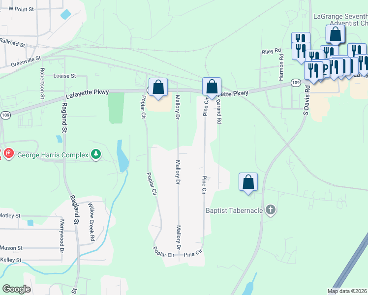 map of restaurants, bars, coffee shops, grocery stores, and more near 129 Mallory Drive in LaGrange