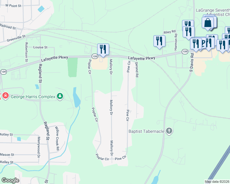 map of restaurants, bars, coffee shops, grocery stores, and more near 129 Mallory Drive in LaGrange