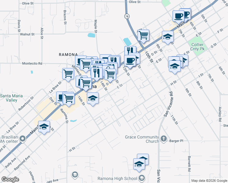 map of restaurants, bars, coffee shops, grocery stores, and more near 1365 La Haina Street in Ramona