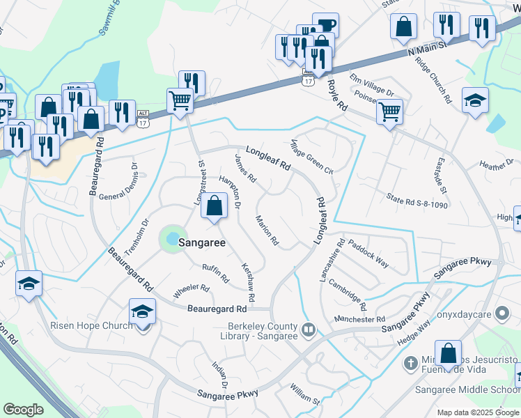 map of restaurants, bars, coffee shops, grocery stores, and more near 113 James Road in Summerville