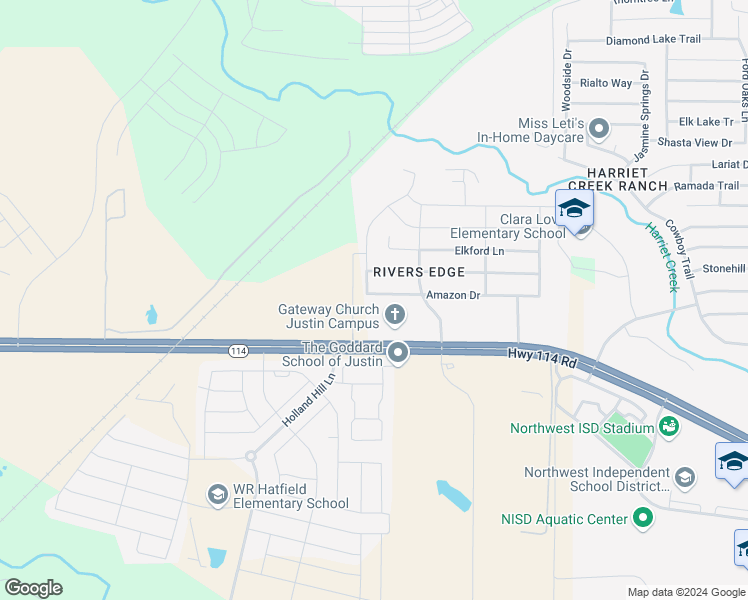 map of restaurants, bars, coffee shops, grocery stores, and more near 1208 Amazon Drive in Justin
