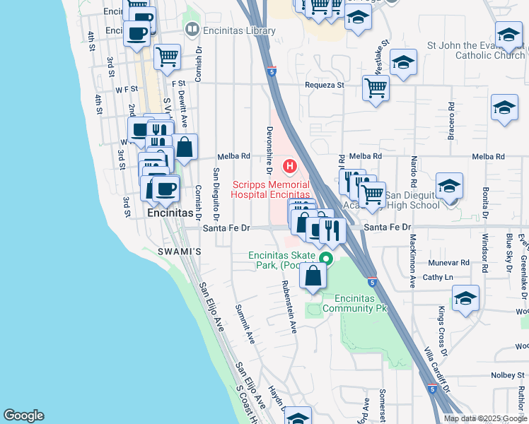 map of restaurants, bars, coffee shops, grocery stores, and more near 1164 Devonshire Drive in Encinitas