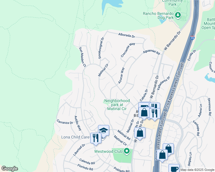 map of restaurants, bars, coffee shops, grocery stores, and more near 17951 Cassia Place in San Diego