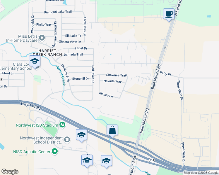 map of restaurants, bars, coffee shops, grocery stores, and more near 16125 Hollyhill Court in Justin