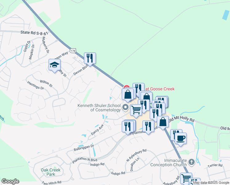map of restaurants, bars, coffee shops, grocery stores, and more near 900 Channing Way in Goose Creek