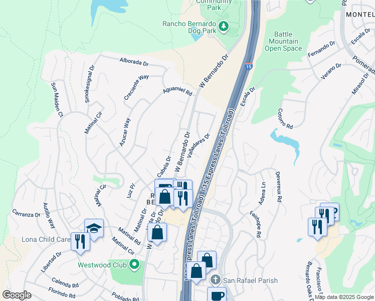 map of restaurants, bars, coffee shops, grocery stores, and more near 17908 Valladares Drive in San Diego