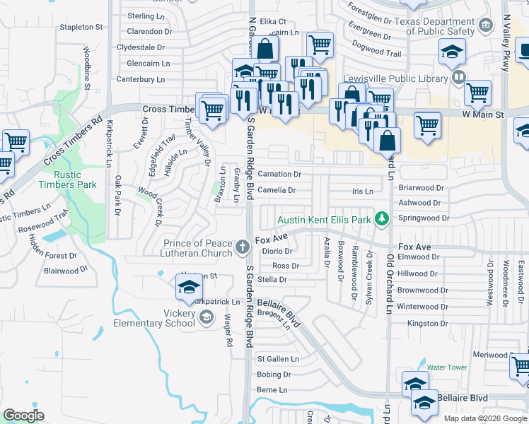map of restaurants, bars, coffee shops, grocery stores, and more near 1425 Marblecrest Drive in Lewisville