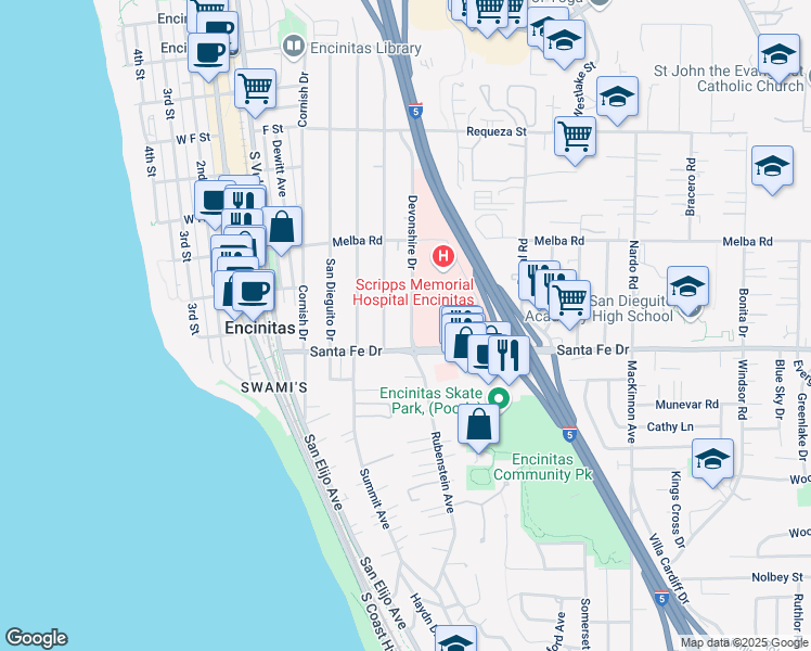 map of restaurants, bars, coffee shops, grocery stores, and more near 1164 Devonshire Drive in Encinitas