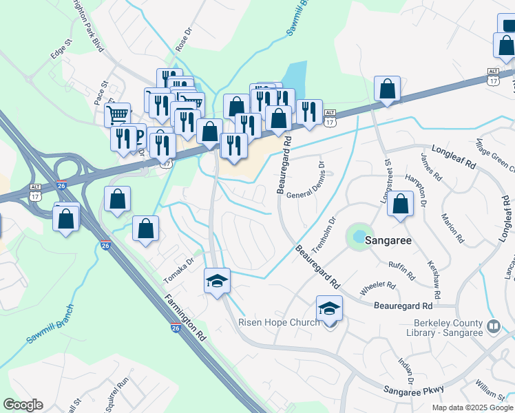 map of restaurants, bars, coffee shops, grocery stores, and more near 202 Pebble Creek Road in Summerville