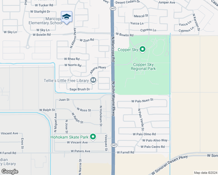 map of restaurants, bars, coffee shops, grocery stores, and more near 44754 W Sage Brush Dr in Maricopa