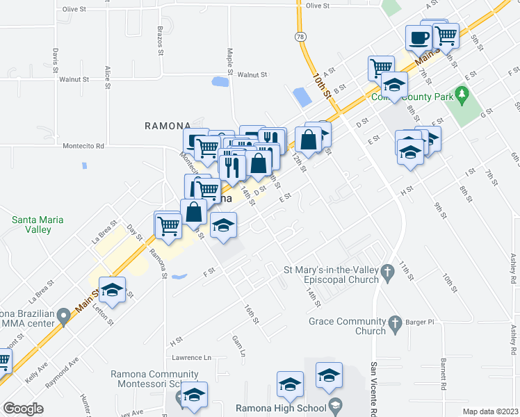 map of restaurants, bars, coffee shops, grocery stores, and more near 1345 E Street in Ramona