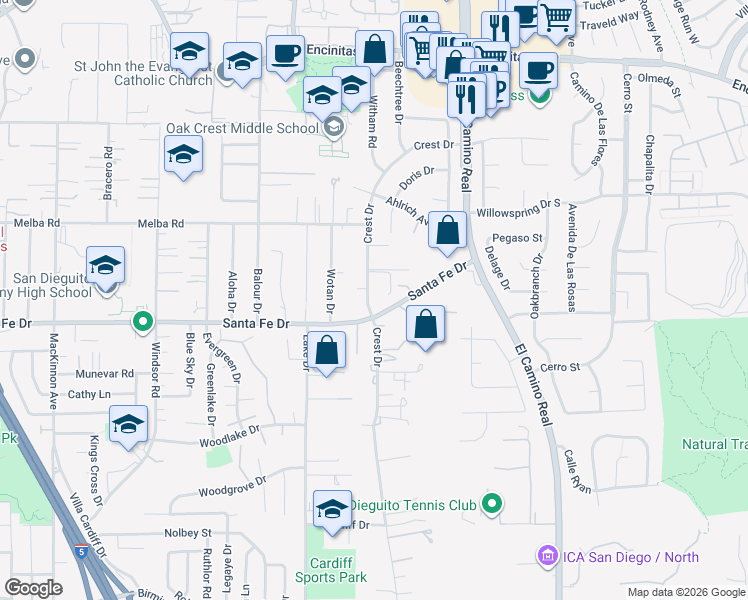 map of restaurants, bars, coffee shops, grocery stores, and more near 1153 Crest Drive in Encinitas