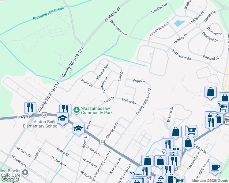 map of restaurants, bars, coffee shops, grocery stores, and more near 105 Daffodil Street in Summerville