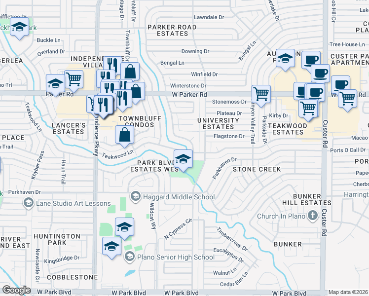 map of restaurants, bars, coffee shops, grocery stores, and more near 2913 Deep Valley Trail in Plano